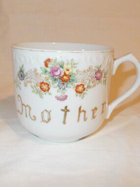 Vtg MOTHER cup with gold-color trim, made in Japan